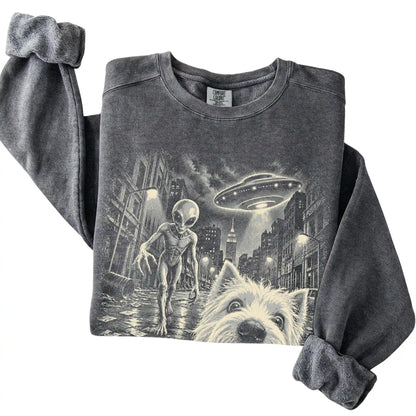 Westie Alien Selfie Comfort Colors Sweatshirt in Pepper, folded view