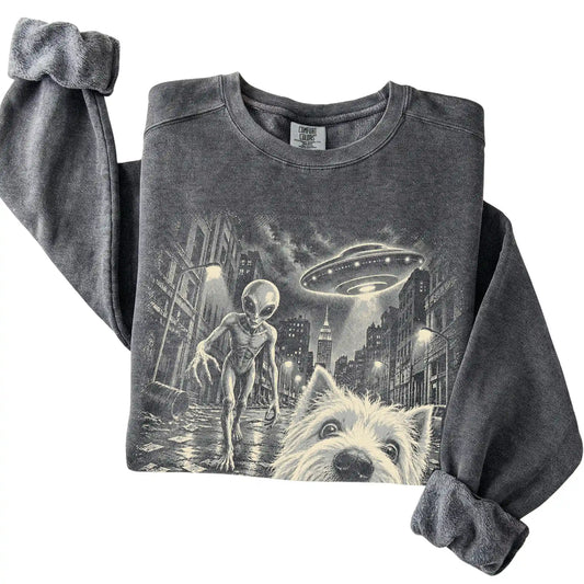 Westie Alien Selfie Comfort Colors Sweatshirt in Pepper, folded view