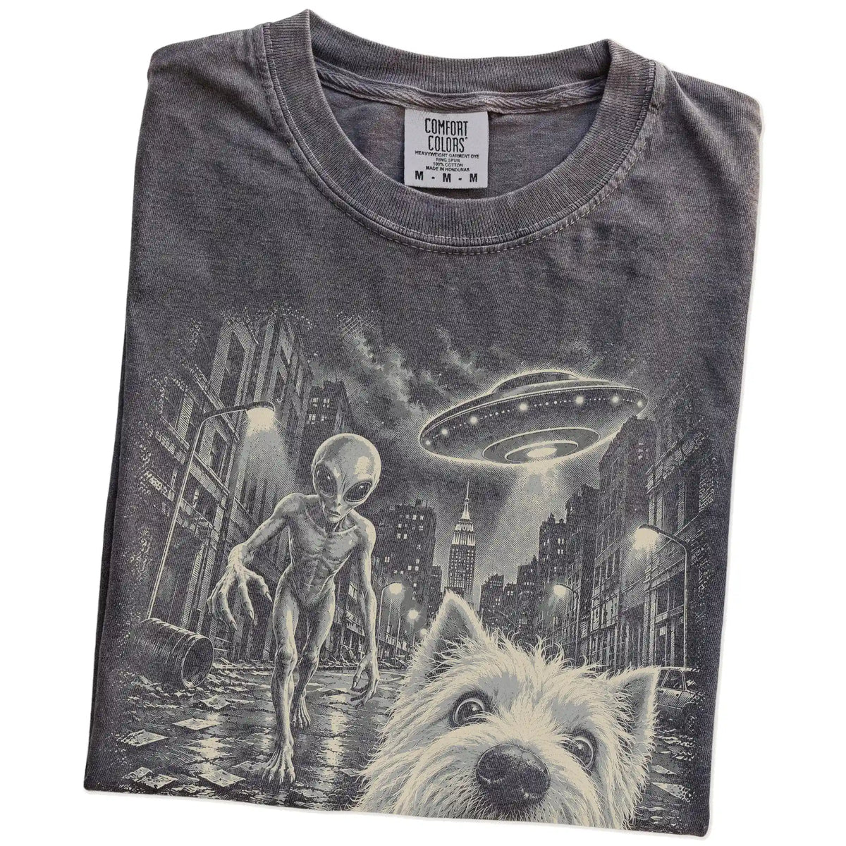 Westie Alien Selfie Comfort Colors T-Shirt in Pepper, folded view