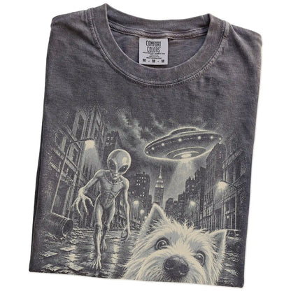 Westie Alien Selfie Comfort Colors T-Shirt in Pepper, folded view
