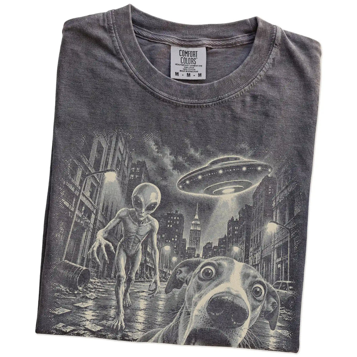 Whippet Alien Selfie Comfort Colors T-Shirt in Pepper, folded view