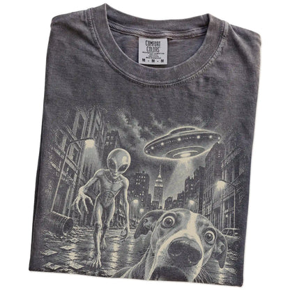 Whippet Alien Selfie Comfort Colors T-Shirt in Pepper, folded view