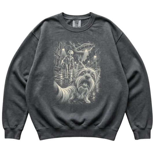 Yorkie Alien Selfie Comfort Colors Sweatshirt in Pepper, flat view