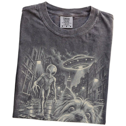 Yorkie Alien Selfie Comfort Colors T-Shirt in Pepper, folded view