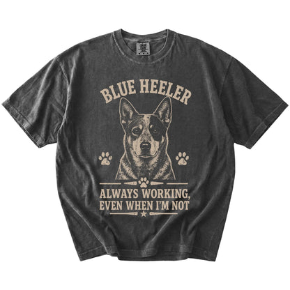 Blue Heeler design with “Always Working, Even When I'm Not” lettering on a Pepper Comfort Colors® T-shirt