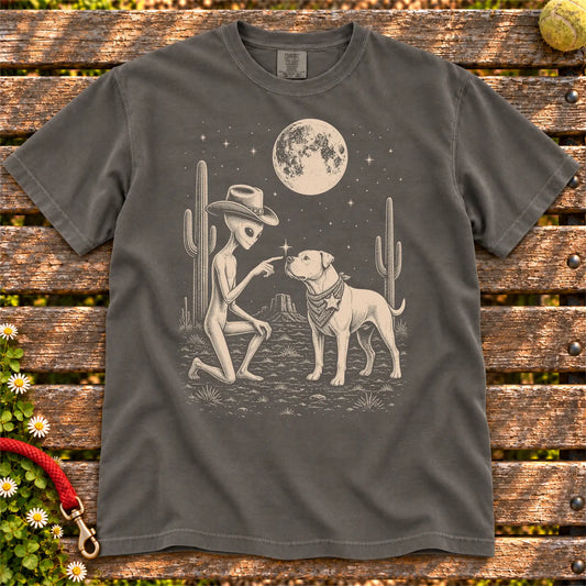 American Bulldog Cowboy and Alien on a Pepper T-shirt, shown flat
