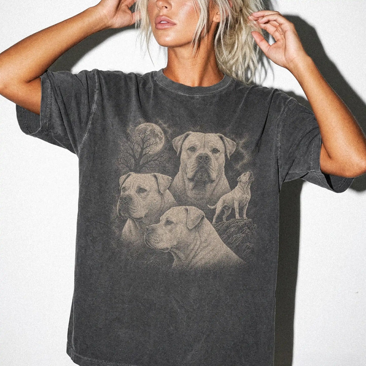 Model wearing a Pepper Comfort Colors® T-shirt with a vintage moon montage featuring American Bulldog