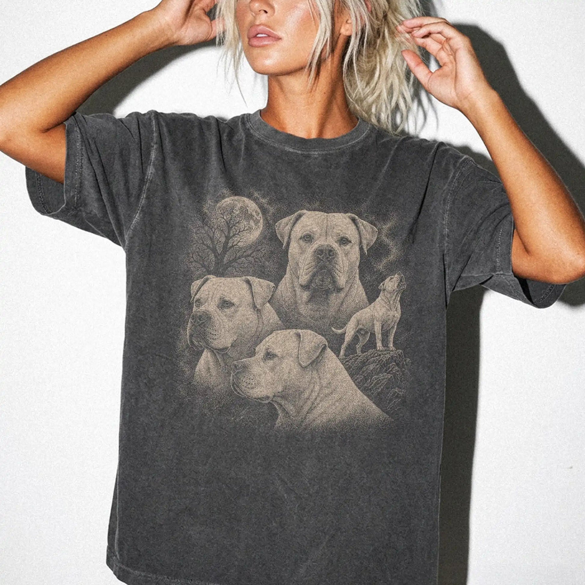Model wearing a Pepper Comfort Colors® T-shirt with a vintage moon montage featuring American Bulldog