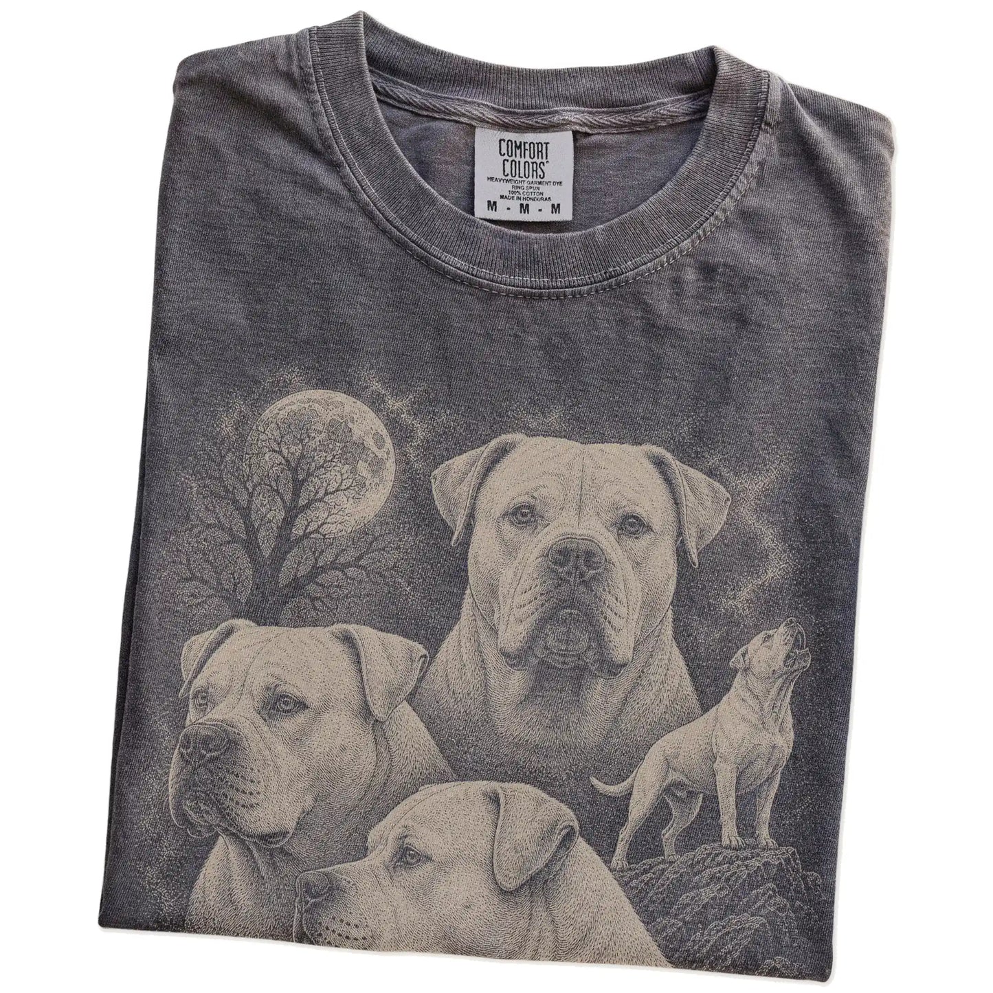 Folded Pepper Comfort Colors® T-shirt showing a vintage moon montage featuring American Bulldog