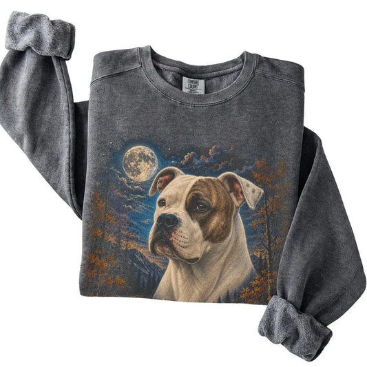 Folded pepper sweatshirt with American Bulldog Autumn Moon artwork.