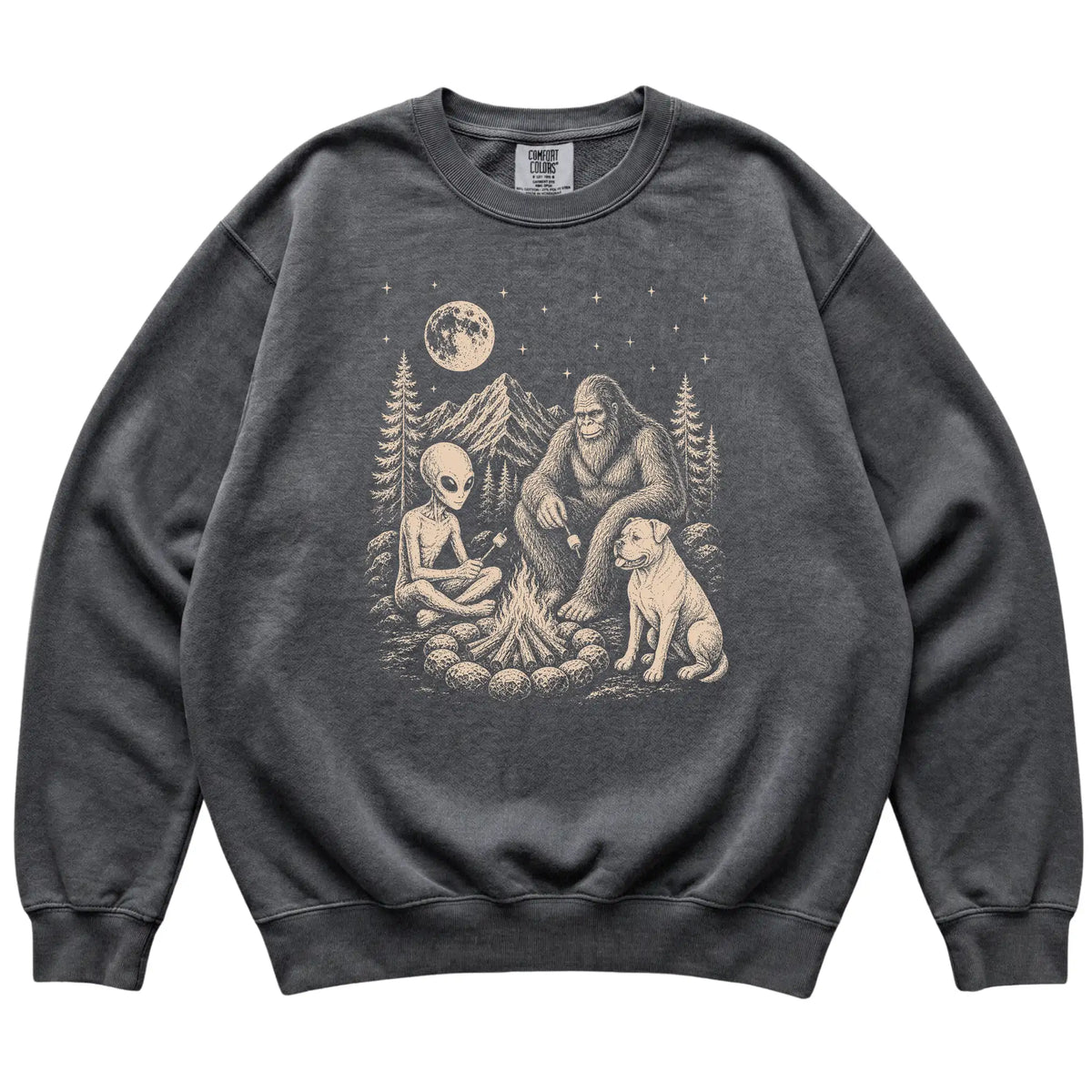Pepper American Bulldog Camping with Bigfoot and Alien shirt laid flat