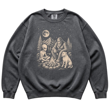 Pepper American Bulldog Camping with Bigfoot and Alien shirt laid flat