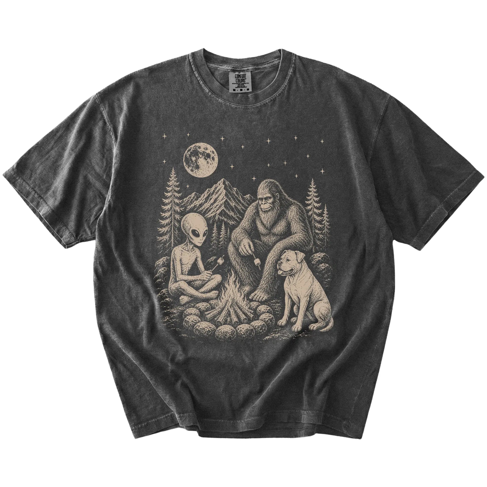 American Bulldog camping with Bigfoot and an alien on a Pepper Comfort Colors® T-shirt