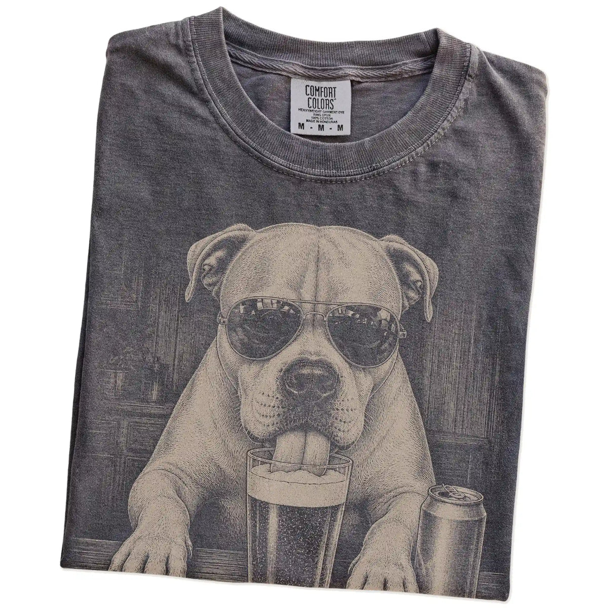 Folded Pepper Comfort Colors® t-shirt showing American Bulldog sneaking a drink from a pint