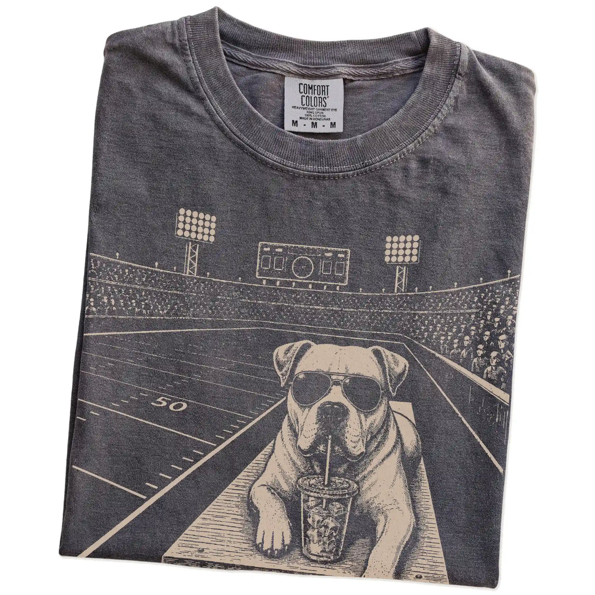 Folded Pepper Comfort Colors® T-shirt showing American Bulldog ready for football and tailgate season