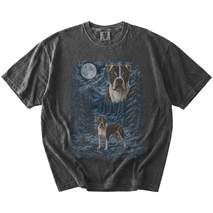 American Bulldog in a snowy winter forest on a Pepper t-shirt