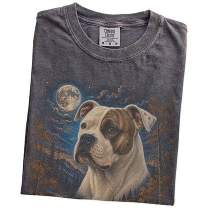 Folded Pepper Comfort Colors® t-shirt showing American Bulldog in a fall forest graphic