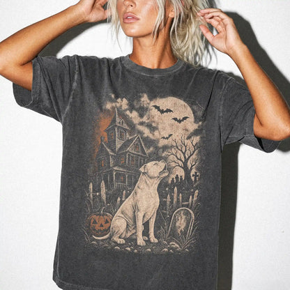 Model wearing a Pepper Comfort Colors® T-shirt showing American Bulldog in a vintage haunted-house scene