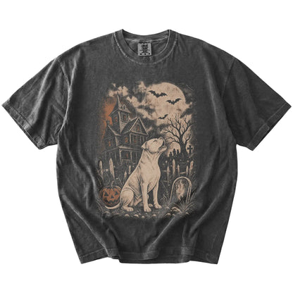 American Bulldog in a vintage haunted-house scene on a Pepper Comfort Colors® T-shirt