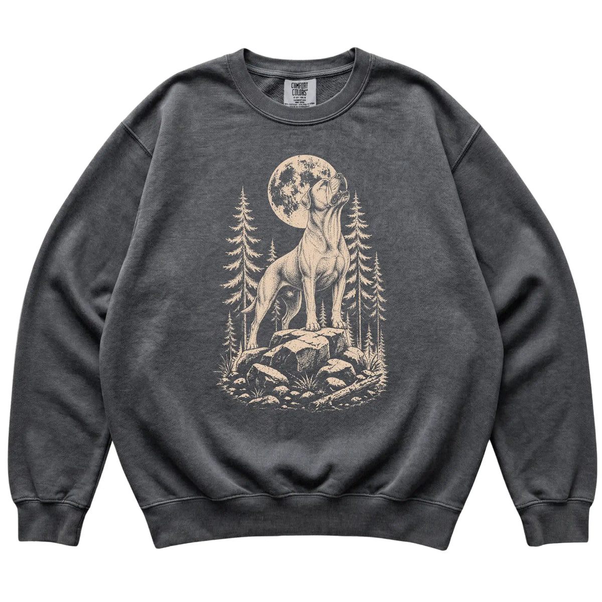 Close view of American Bulldog Howling at the Moon artwork on Pepper Comfort Colors sweatshirt