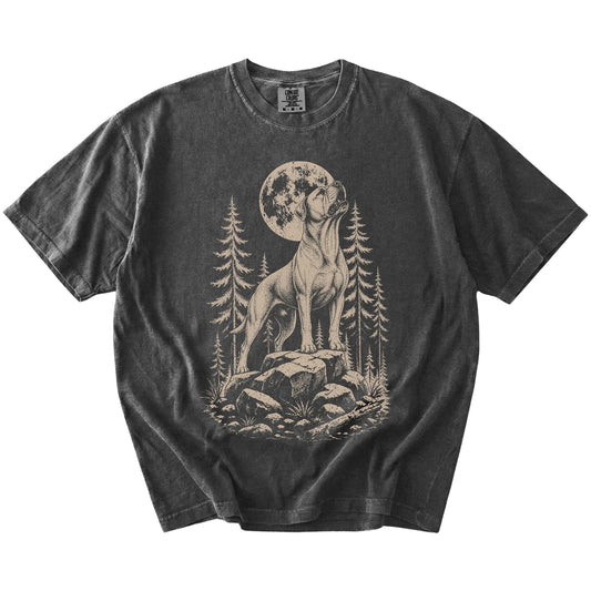 American Bulldog howling beneath the moon and pine trees on a Pepper Comfort Colors® T-shirt