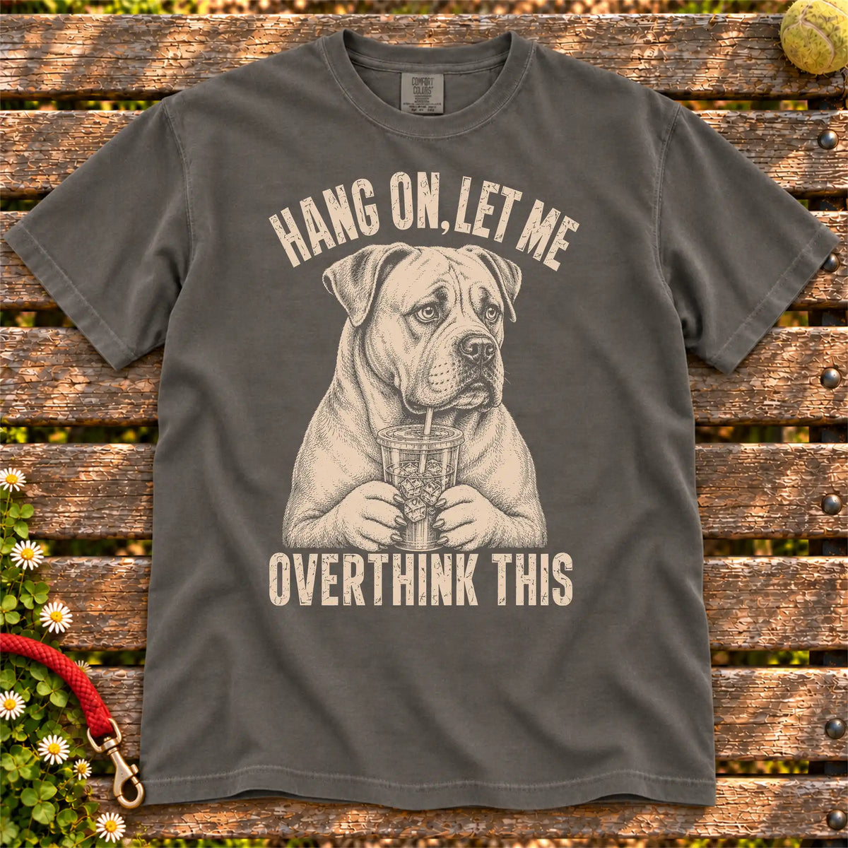 Overthinking American Bulldog design on a Pepper Comfort Colors T-shirt, shown flat