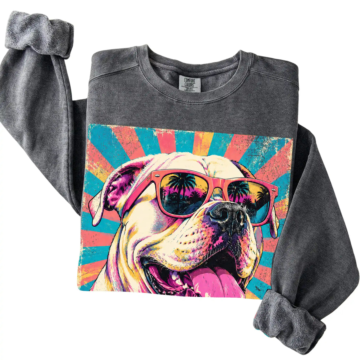 Folded Pepper Comfort Colors sweatshirt with a Retro American Bulldog Mama design