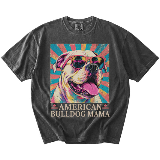 Retro American Bulldog Mama design on a Pepper Comfort Colors T-shirt