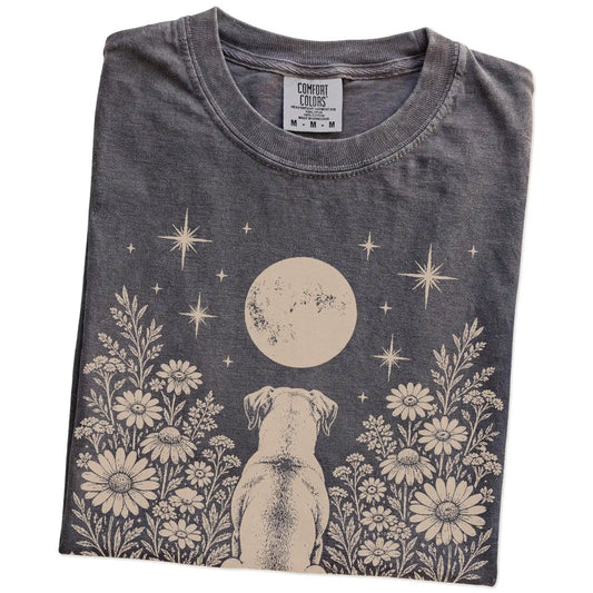 Folded Pepper Comfort Colors® T-shirt showing American Bulldog beneath a wildflower moon