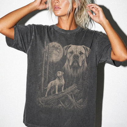 Woman wearing a Pepper American Bulldog Moonlit Forest T-Shirt