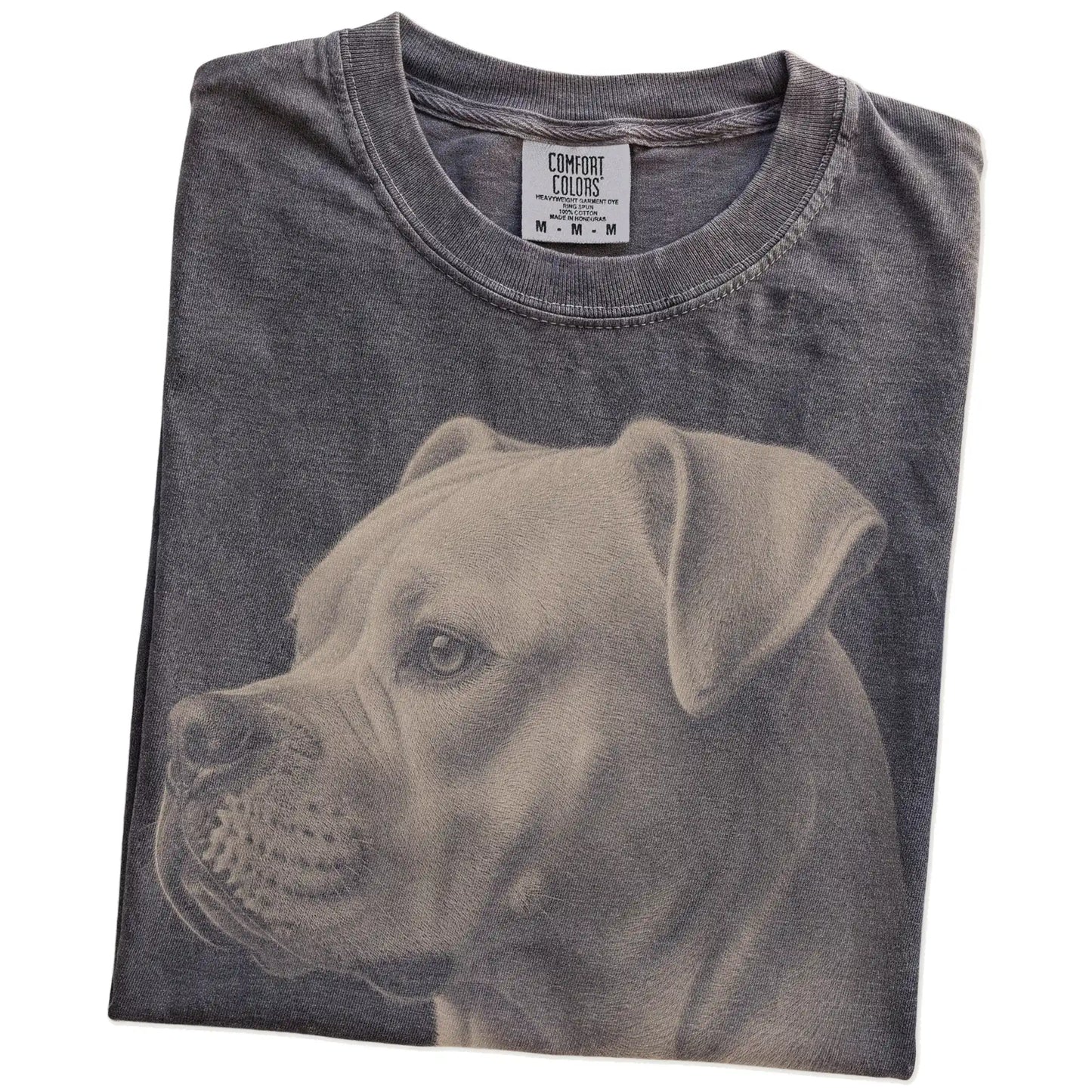 Folded Pepper Comfort Colors® T-shirt showing a detailed photographic portrait of a American Bulldog