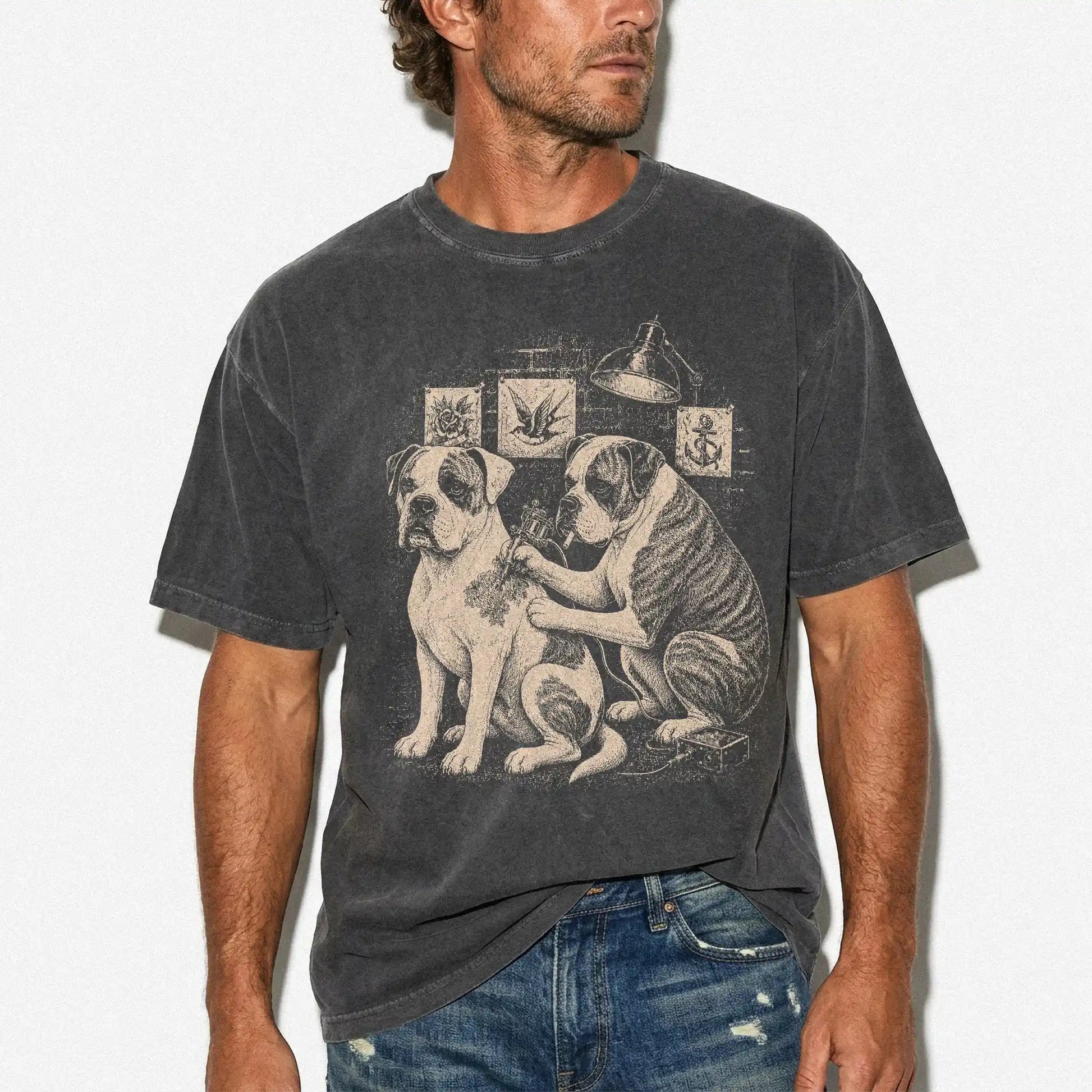Person wearing a Pepper American Bulldog Tattoo t-shirt