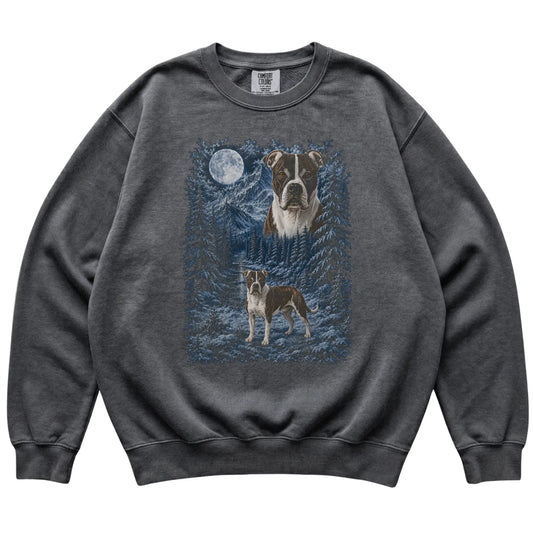 pepper sweatshirt with American Bulldog Winter Moon artwork.