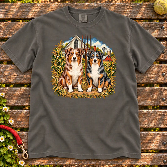 American Dogthic Australian Shepherd farmhouse design on a Pepper Comfort Colors® T-shirt