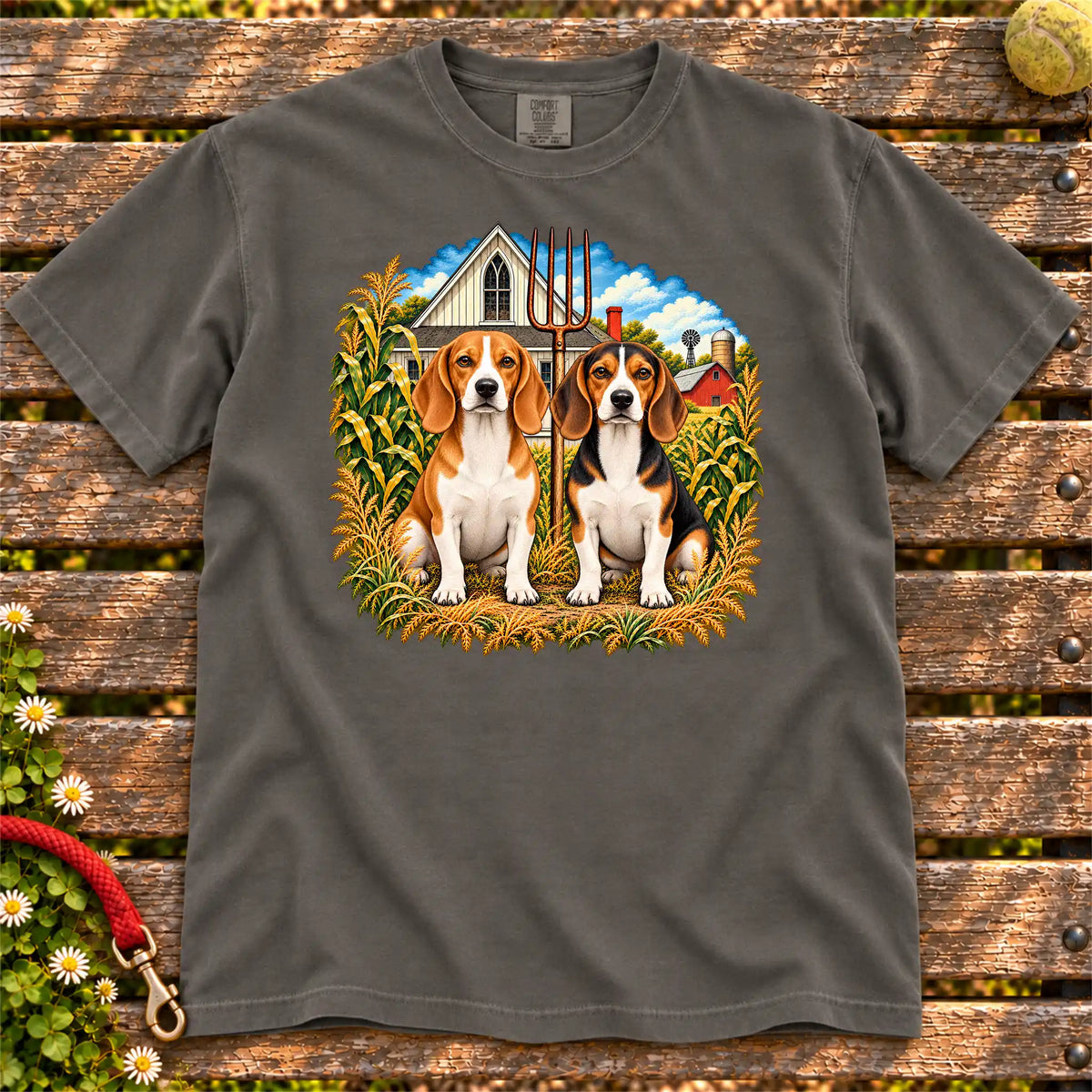 American Dogthic Beagle farmhouse design on a Pepper Comfort Colors® T-shirt