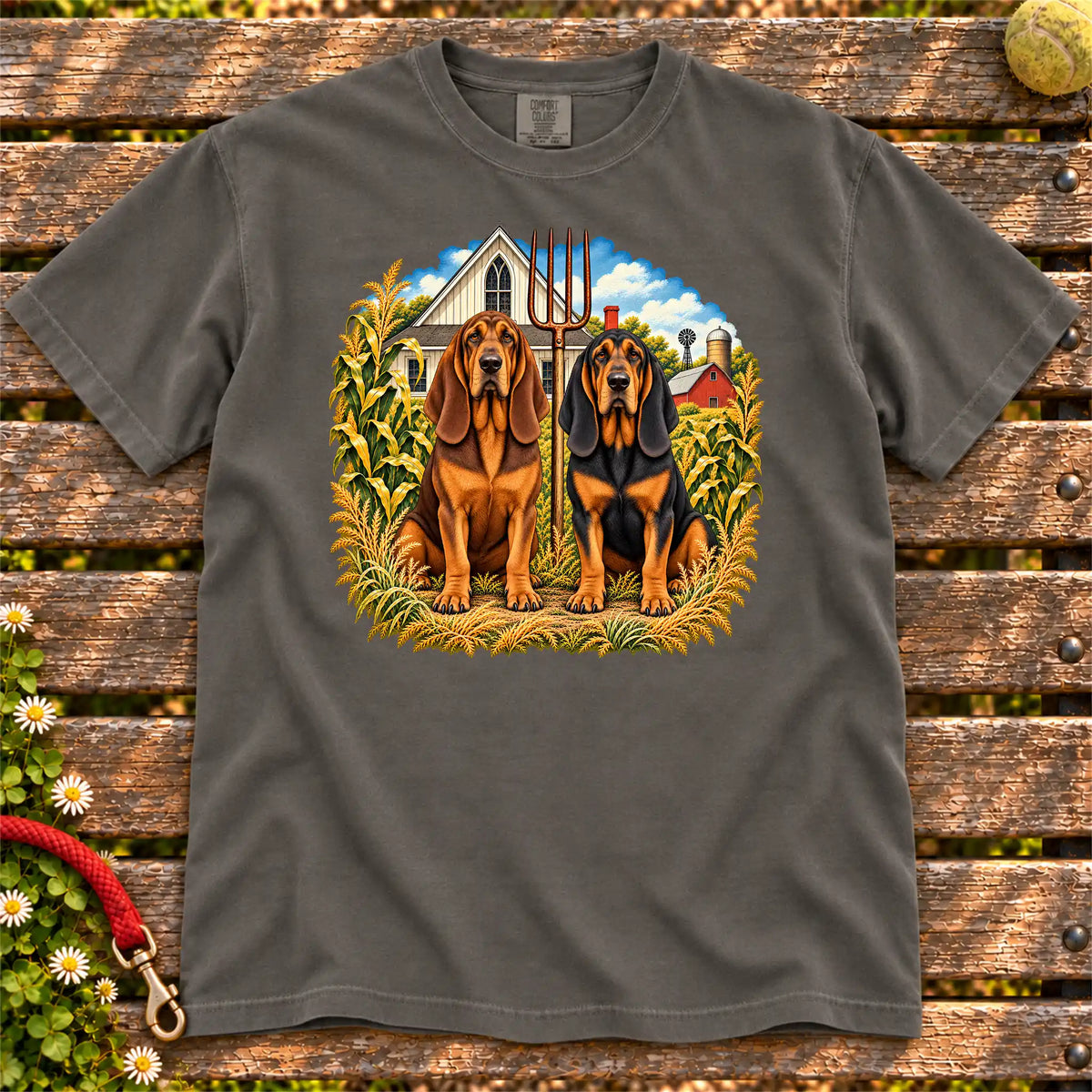 American Dogthic Bloodhound farmhouse design on a Pepper Comfort Colors® T-shirt