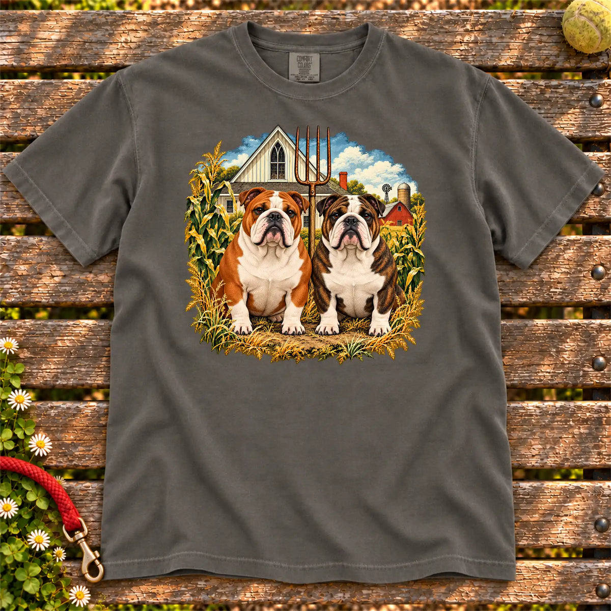 American Dogthic Bulldog farmhouse design on a Pepper Comfort Colors® T-shirt