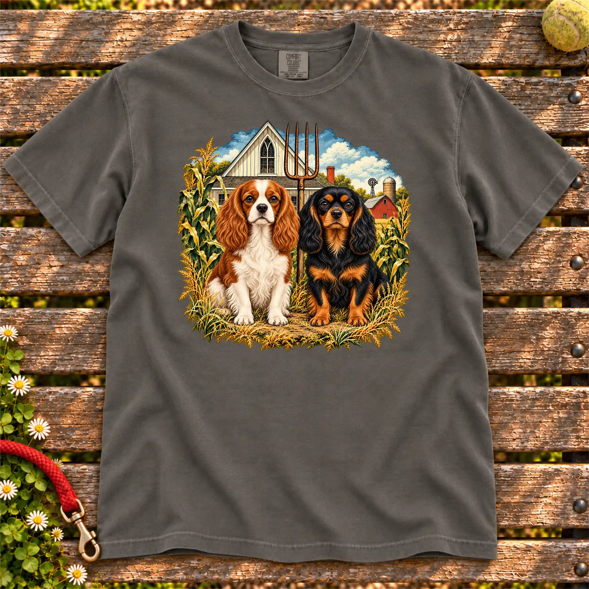 American Dogthic Cavalier King Charles Spaniel farmhouse design on a Pepper Comfort Colors® T-shirt