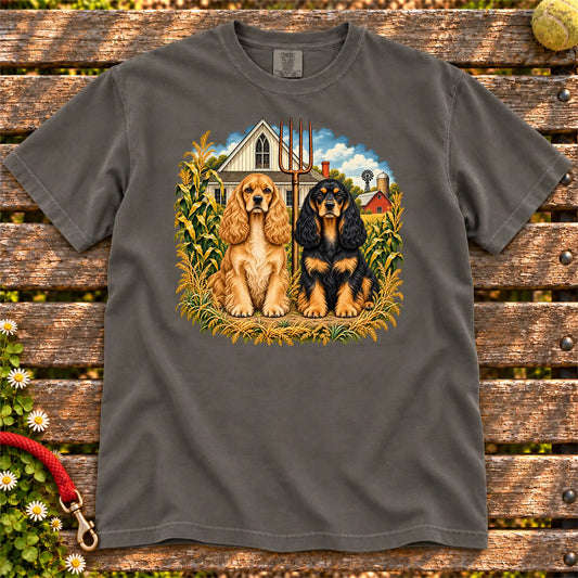 American Dogthic Cocker Spaniel farmhouse design on a Pepper Comfort Colors® T-shirt