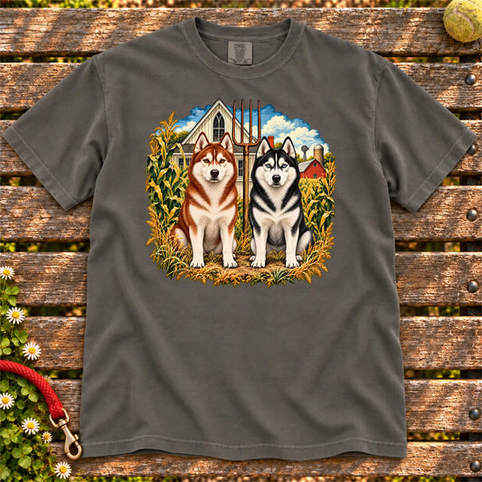 American Dogthic Husky farmhouse design on a Pepper Comfort Colors® T-shirt