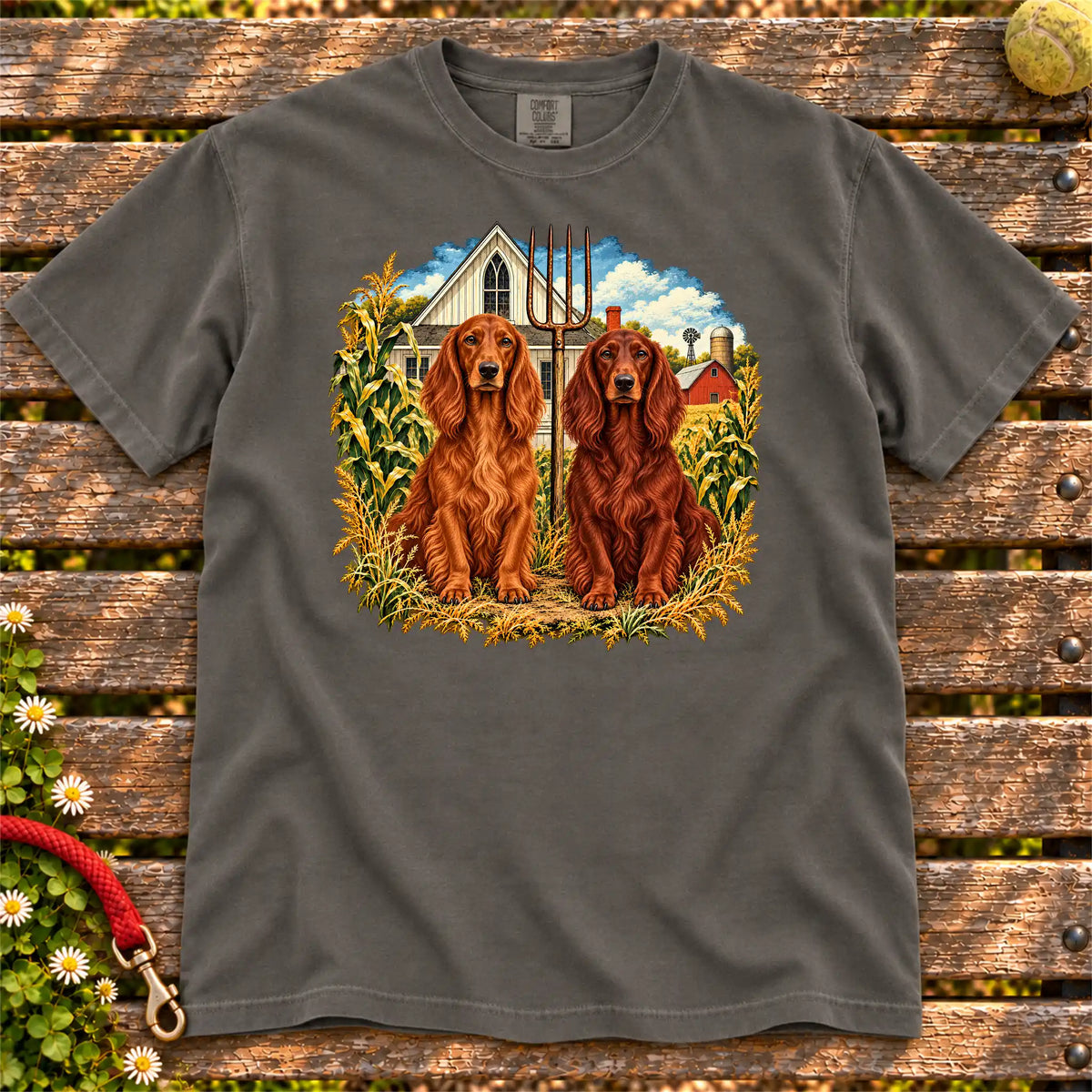 American Dogthic Irish Setter farmhouse design on a Pepper Comfort Colors® T-shirt