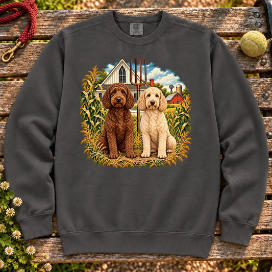 American Dogthic Labradoodle farmhouse design on a Pepper Comfort Colors® sweatshirt