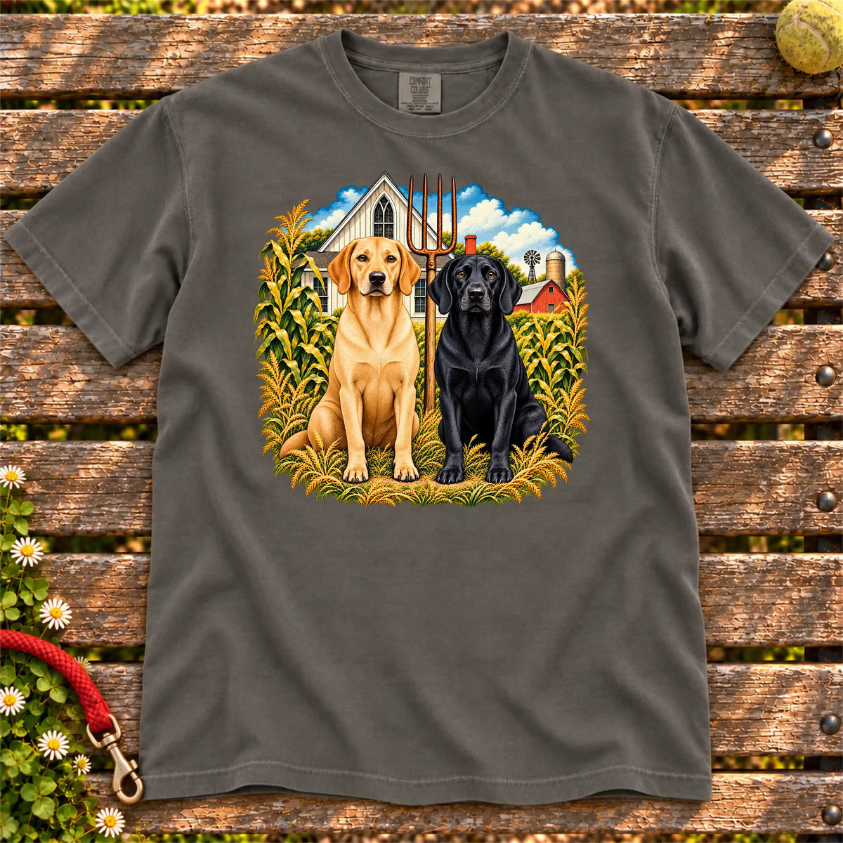 American Dogthic Labrador Retriever farmhouse design on a Pepper Comfort Colors® T-shirt