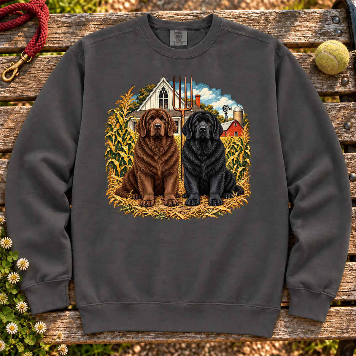 American Dogthic Newfie farmhouse design on a Pepper Comfort Colors® sweatshirt
