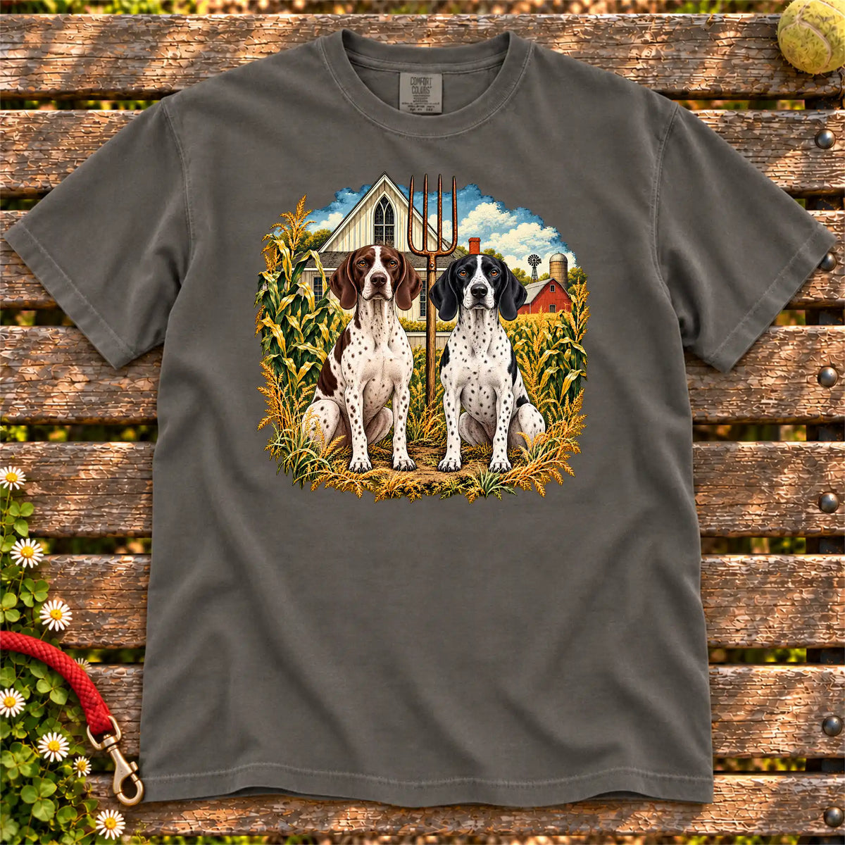 American Dogthic Pointer farmhouse design on a Pepper Comfort Colors® T-shirt