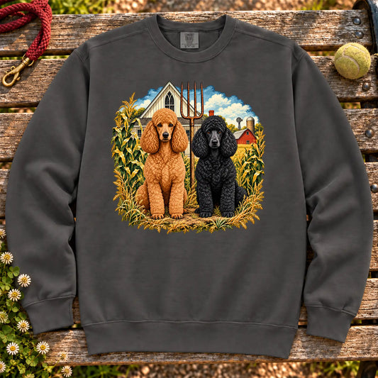 American Dogthic Poodle farmhouse design on a Pepper Comfort Colors® sweatshirt