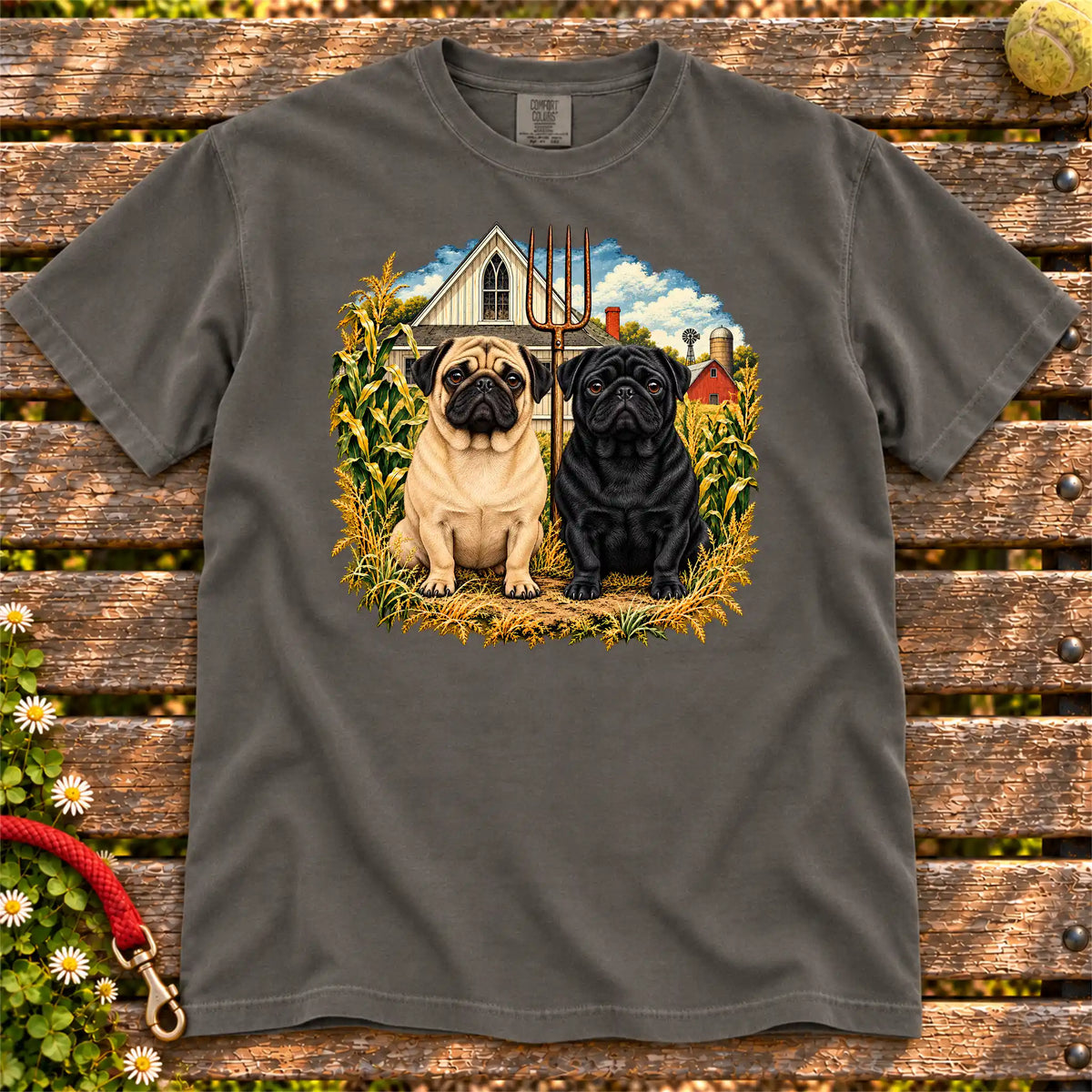 American Dogthic Pug farmhouse design on a Pepper Comfort Colors® T-shirt
