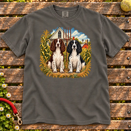 American Dogthic Springer Spaniel farmhouse design on a Pepper Comfort Colors® T-shirt