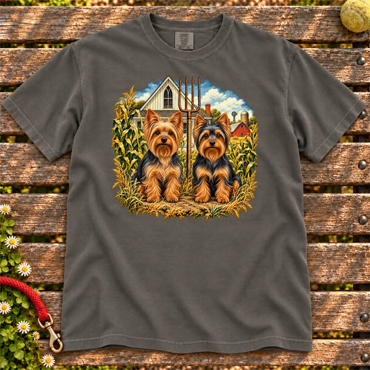 American Dogthic Yorkie farmhouse design on a Pepper Comfort Colors® T-shirt