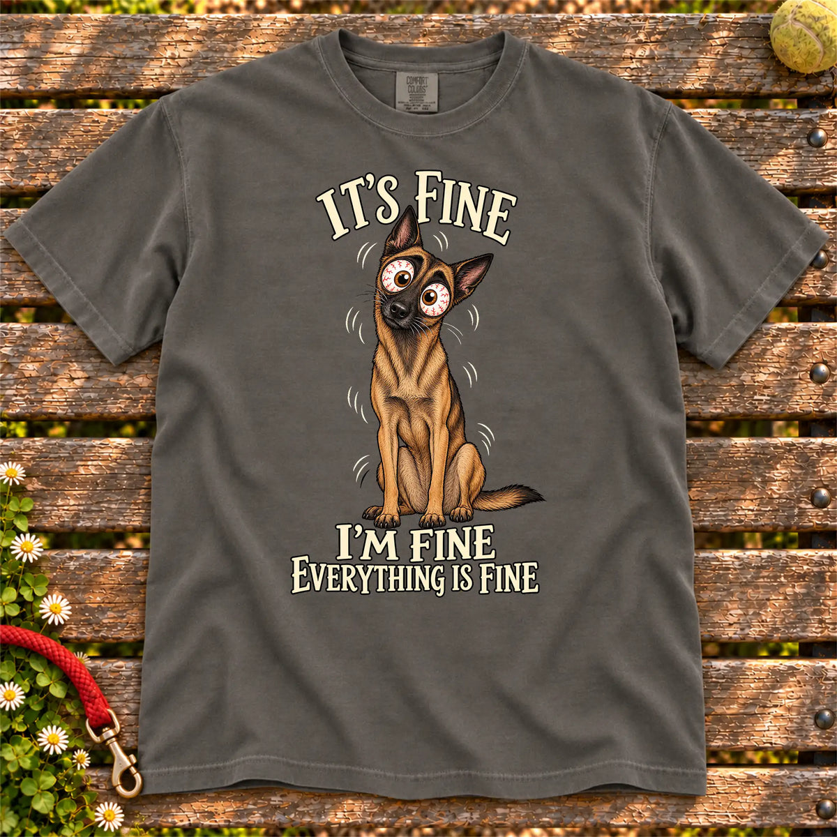 Belgian Malinois Everything Is Fine Comfort Colors T-shirt in Pepper flat lay